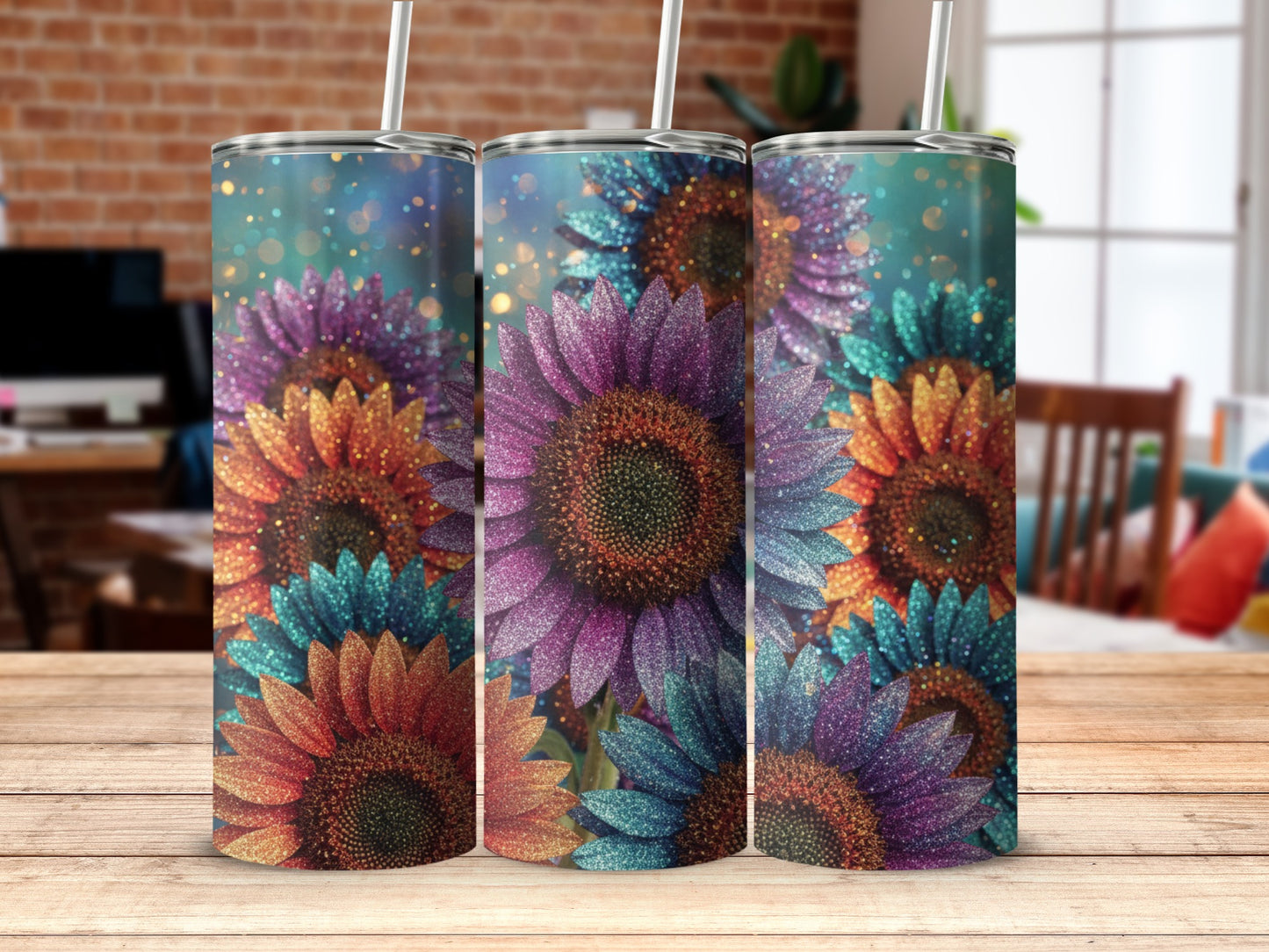Sparkling Colorful Sunflower Tumbler with Straw