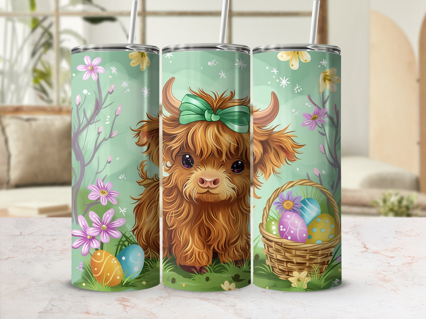 Adorable Highland Cow with Easter Eggs Tumbler