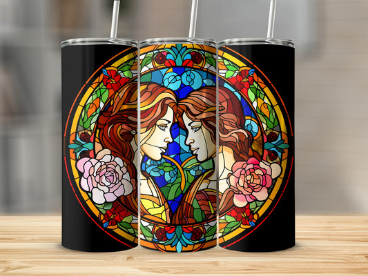 Stained glass tumbler featuring Gemini zodiac symbol with two women and floral accents.