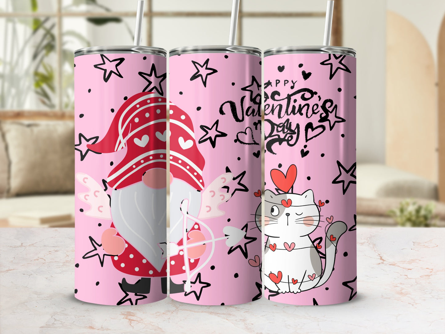Pink Valentine's Day Gnome and Cat Design Drinkware