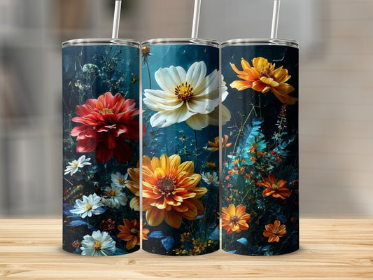 Three tumblers with dark floral designs featuring red, white, and orange flowers.