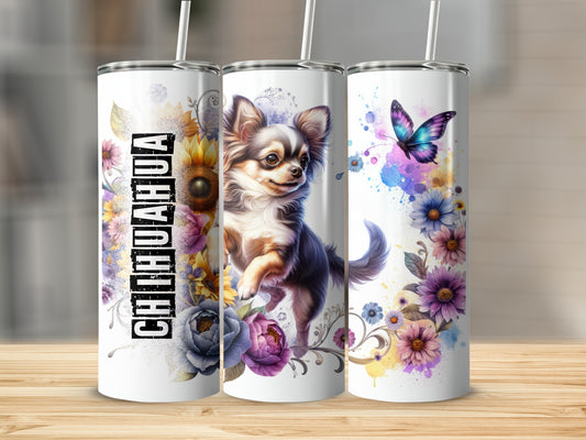 Chihuahua on a white tumbler with floral design and "Chihuahua" text.