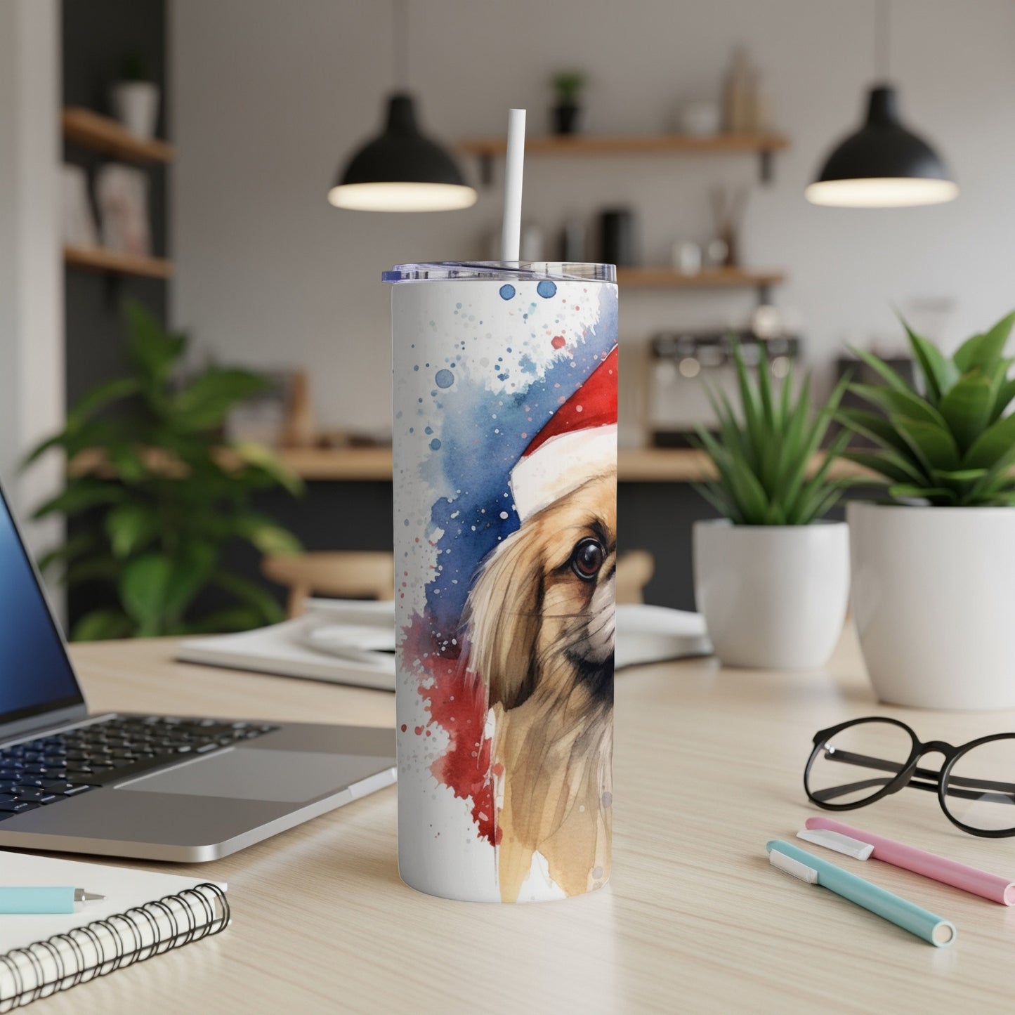 Tumbler with watercolor painting of a dog wearing a Santa hat.