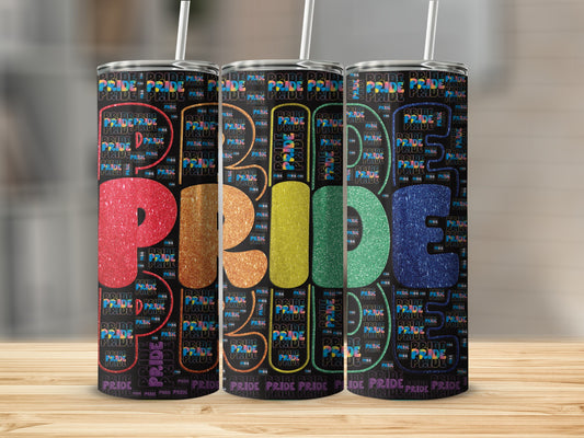 Pride word art on three tumblers in rainbow colors.
