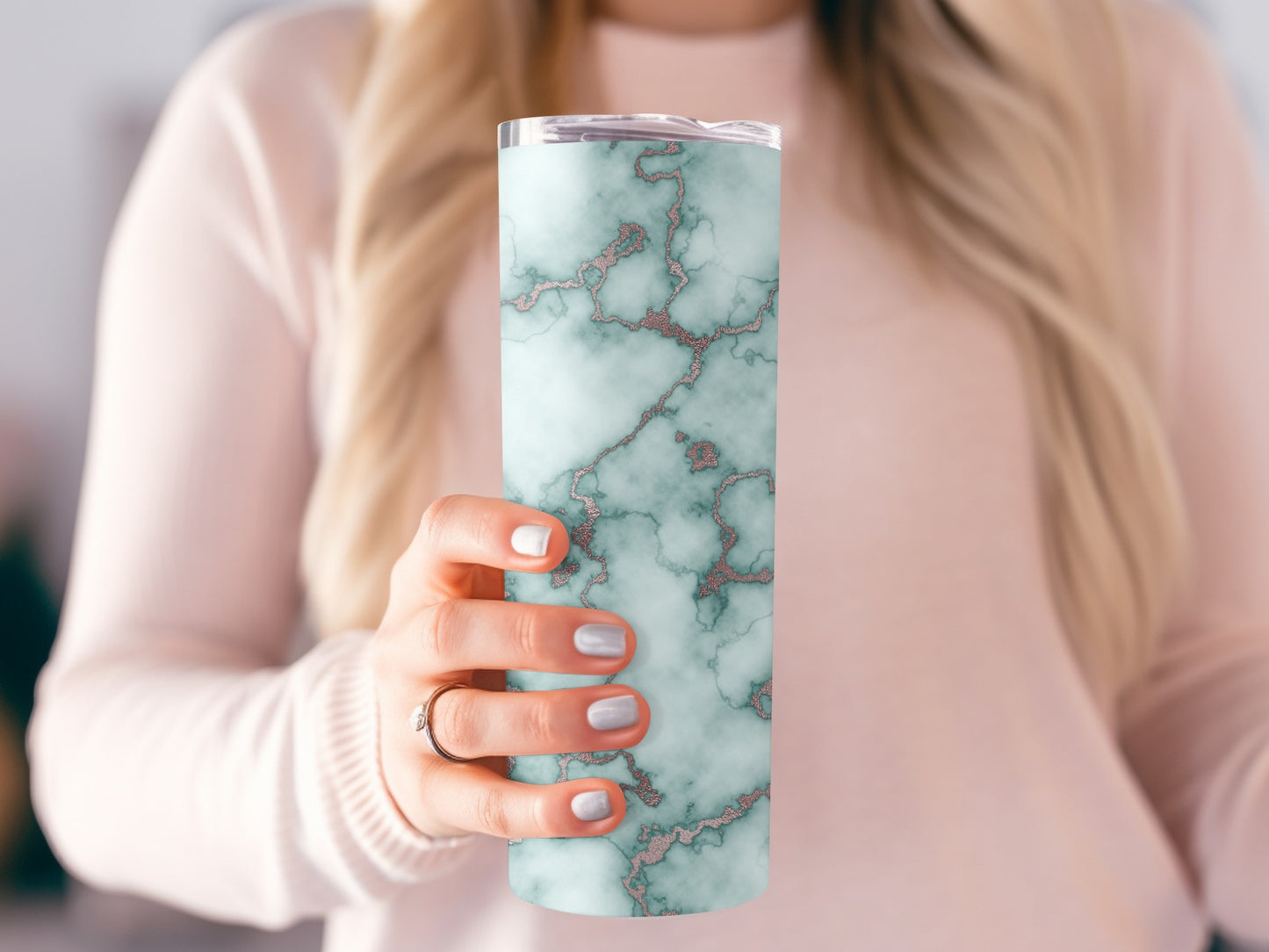 Teal Faux Marble Rose Gold Veins Design Style Tumblers