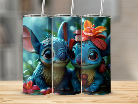 Three Stitch character tumblers with flowers and straws on a wooden surface.