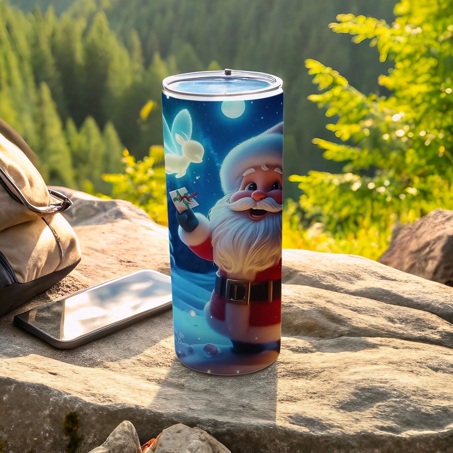 Santa Claus Holding Present Tumbler in Scenic Outdoors