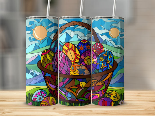 Easter basket with colorful decorated eggs and stained glass mountains.