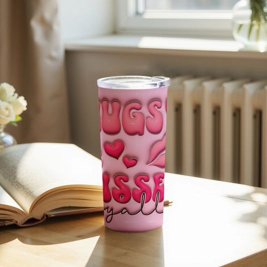 Hugs Kisses Y'all Pink Tumbler with Fun Heart Design