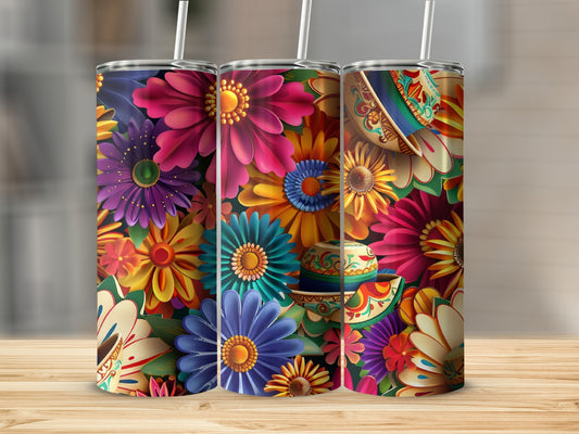 Three tumblers with vibrant floral designs and sombreros.