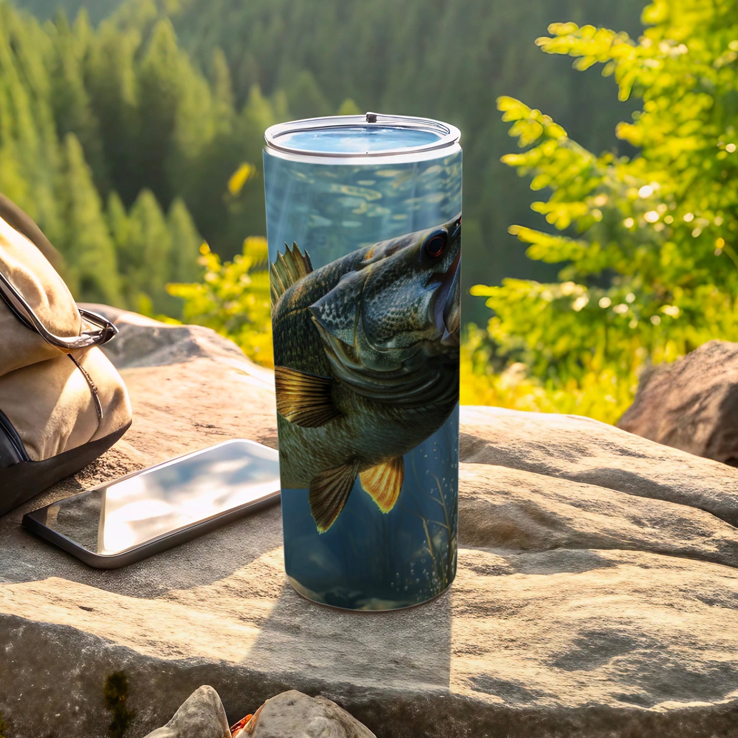 Large mouth bass fish submerged in water on a cylindrical tumbler.