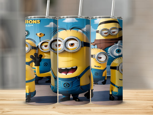 Minions in denim overalls with goggles on a sunny day.
