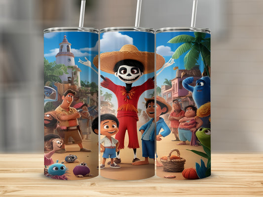 Characters from Coco movie on a beach with palm trees.