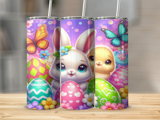 Easter bunny and chick with colorful eggs and butterflies.