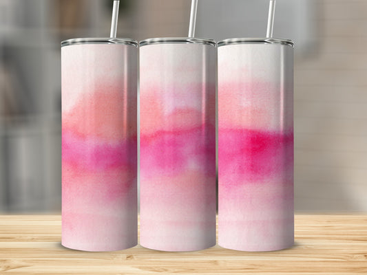 Three tumblers with pink and white watercolor abstract design.