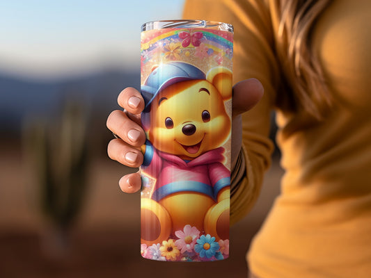 Pooh Flowers Rainbow Glitter Background Design Tumblers