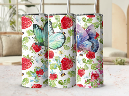Colorful Butterfly and Strawberry Design Tumbler