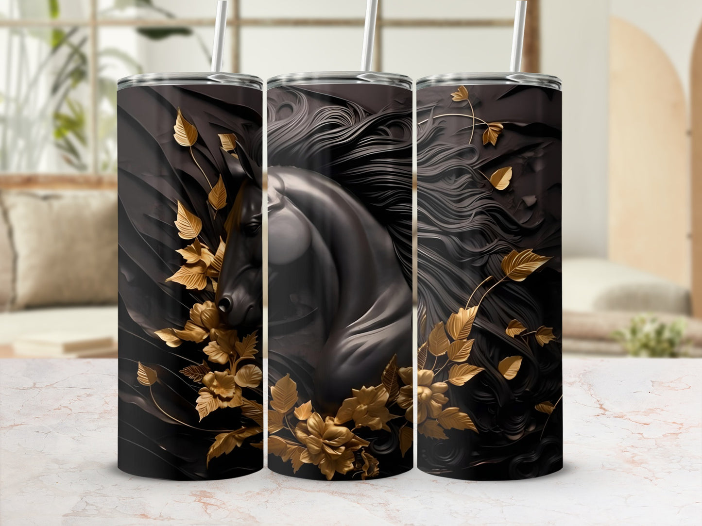 Elegant Black Horse and Golden Leaves Tumbler