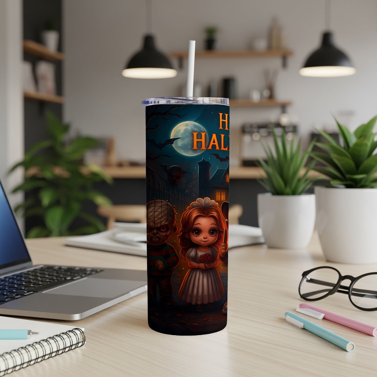 Tumbler with cartoon Halloween characters, full moon, and "Happy Halloween" text.