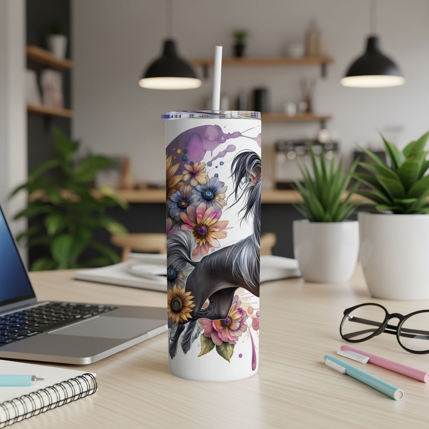 Tall tumbler with a black dog and colorful flowers design.