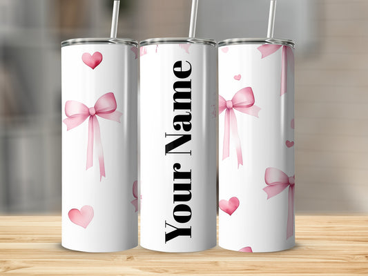 Customizable Pink Bow and Hearts Design Tumbler