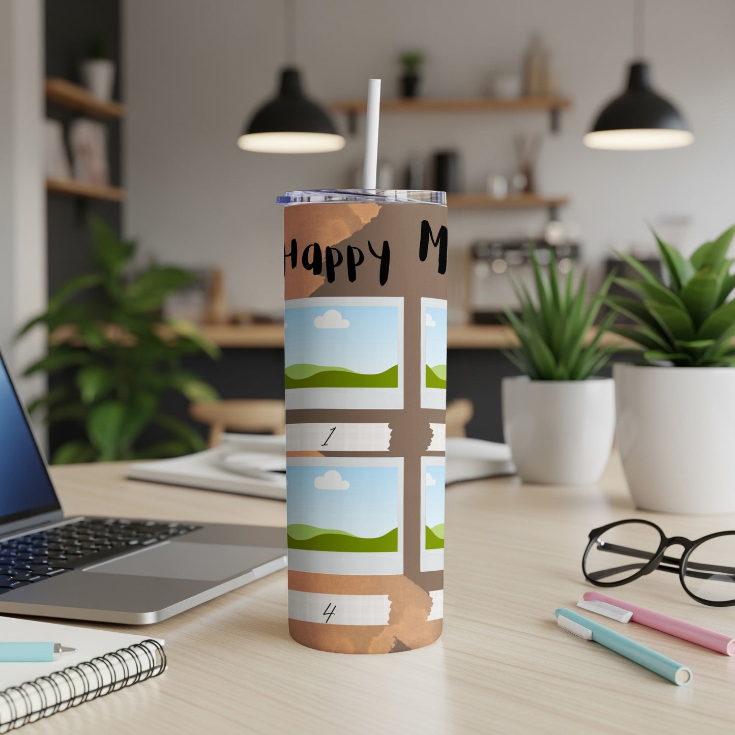 Tumbler with "Happy M" text and photo collage design.