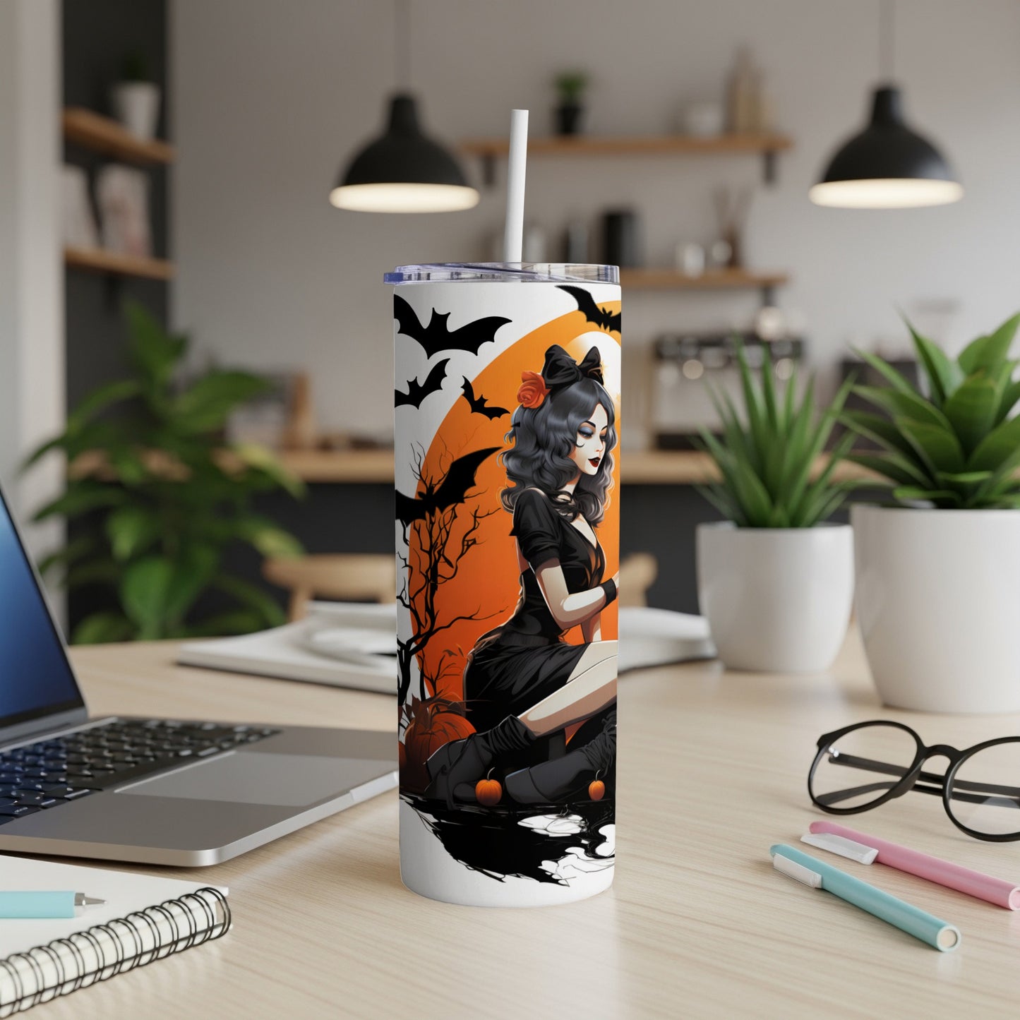 Halloween tumbler with witch, bats, pumpkins, and black tree design.