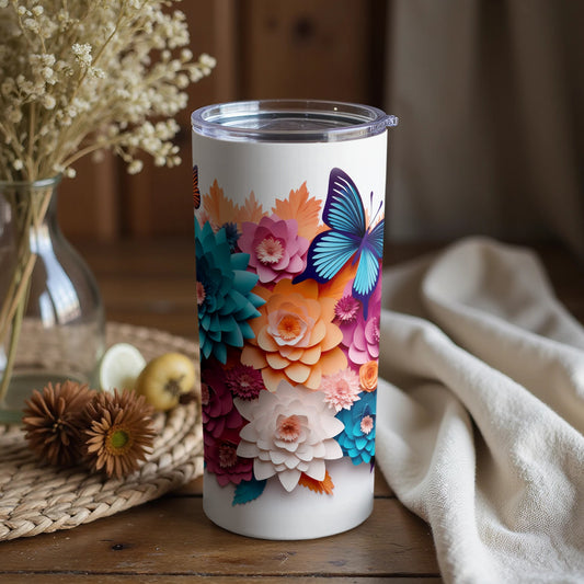 Vibrant Floral and Butterfly Design Travel Tumbler