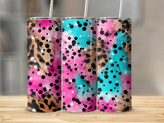 Three tumblers with pink, teal, and leopard print patterns.