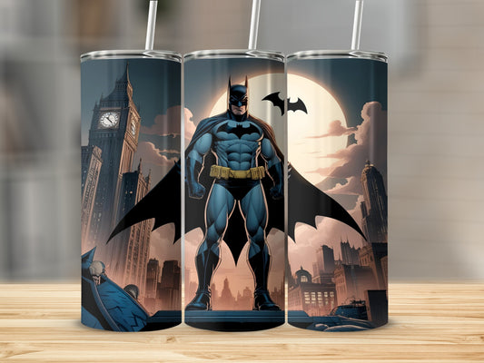 Batman standing tall in a city with a large moon and clock tower.