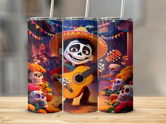 Animated skeleton character in sombrero playing guitar, skulls, pumpkins, and festive street.
