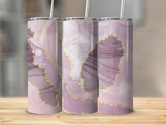 Three tumblers with marbled purple and gold abstract design.