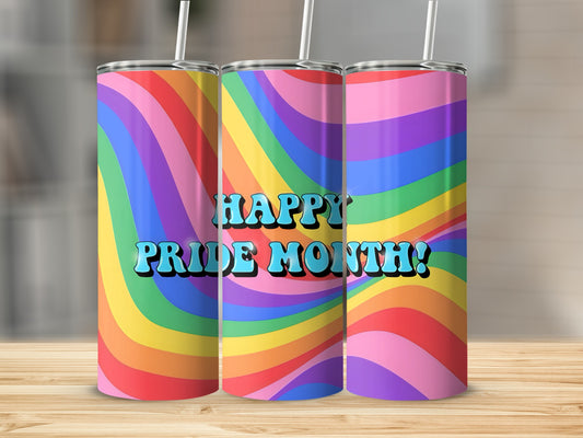 Three Pride-themed tumblers with colorful rainbow stripes and "Happy Pride Month!" text.