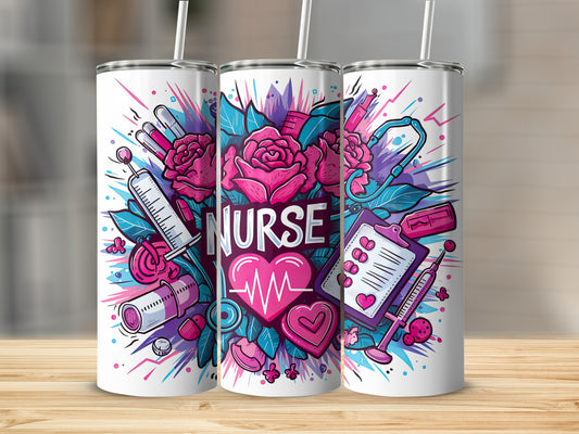 Nurse tumbler with medical icons, roses, and stethoscope.