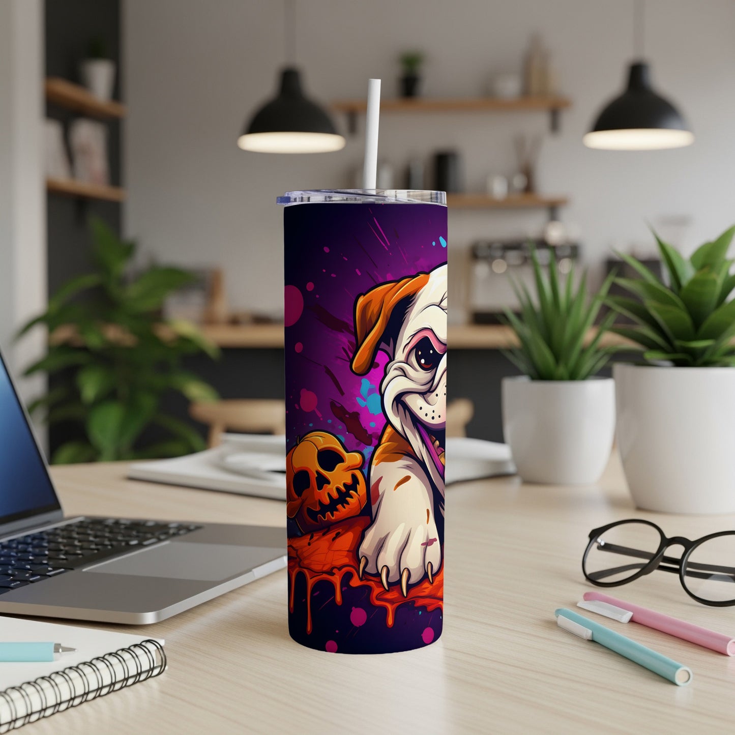 Tumbler with a cartoon bulldog and jack-o'-lantern Halloween design.