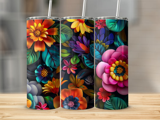 Three floral tumblers with vibrant, colorful flowers and leaves against a dark background.