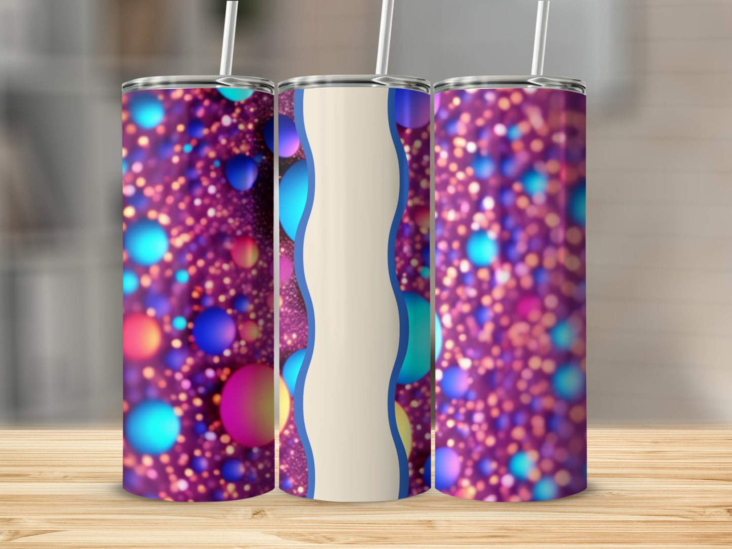 Three tumblers with a bokeh background of purple and blue circles.