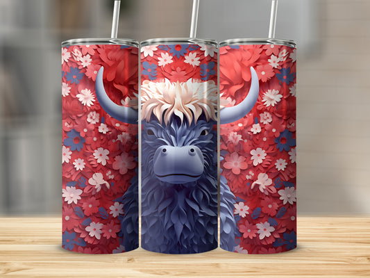 Highland cow with floral background on three tumblers.