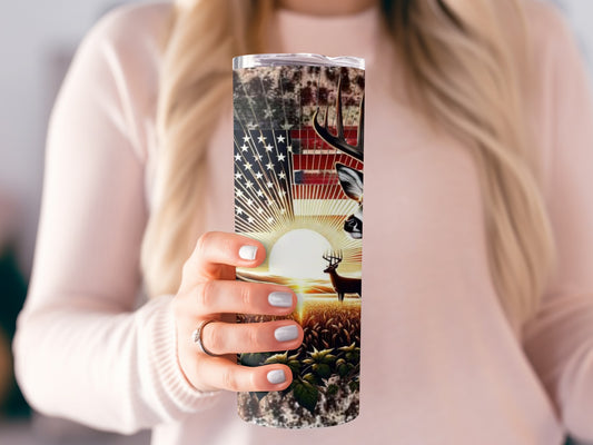 American Deer Sunrise and Flag Design Tumbler
