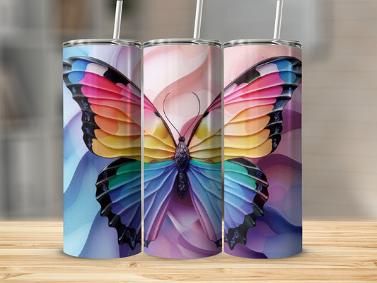 Three tall tumblers featuring a colorful butterfly design with rainbow wings.