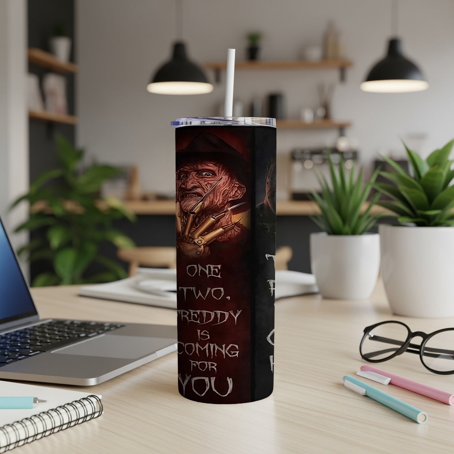Tumbler with Freddy Krueger and text: "One, two, Freddy is coming for you."