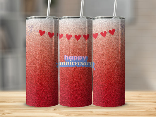 Three tumblers with red glitter and "happy anniversary" text.