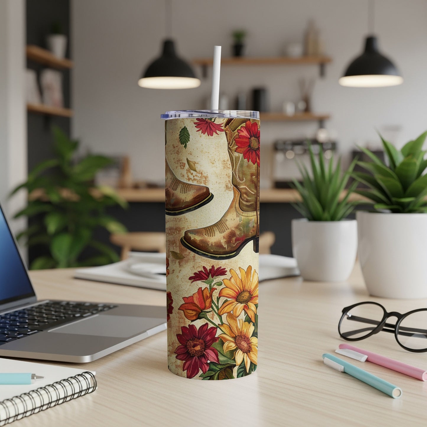 Cowboy boots and sunflowers pattern on a white tumbler.
