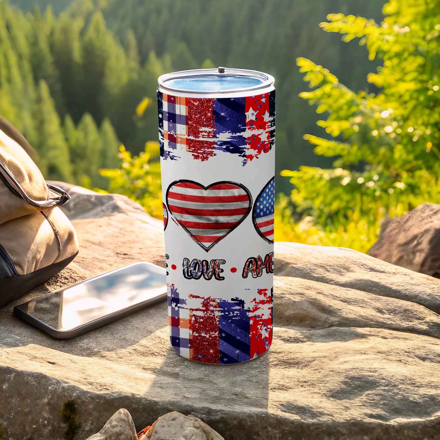 Tumbler with distressed American flag hearts and "Love America" text.