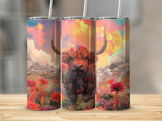 Three tumblers featuring a vibrant Highland cow surrounded by colorful flowers and mountains.