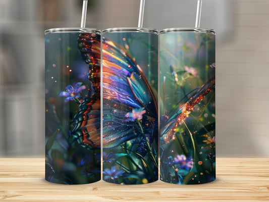 Three tumblers with a vibrant butterfly and floral design on a wooden surface.