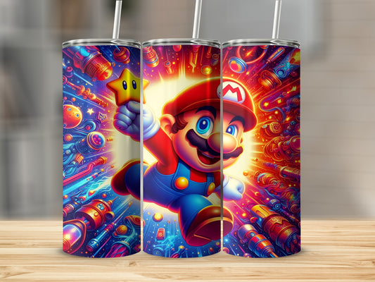 Mario holding a Super Star, surrounded by colorful, mechanical objects.
