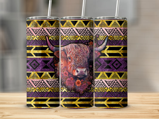 Trio of tumblers with a colorful bull and geometric Native American pattern.