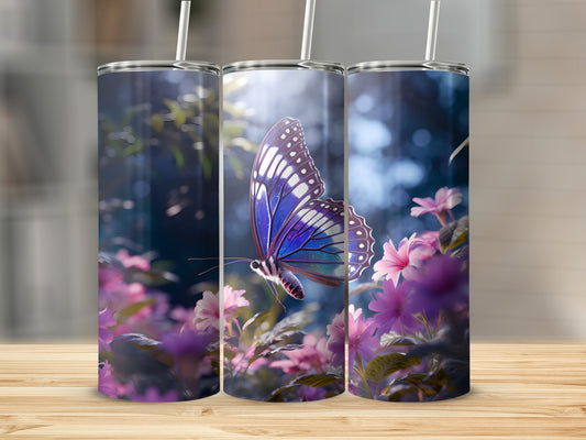 Three tumblers with a vibrant blue butterfly and pink flowers design.