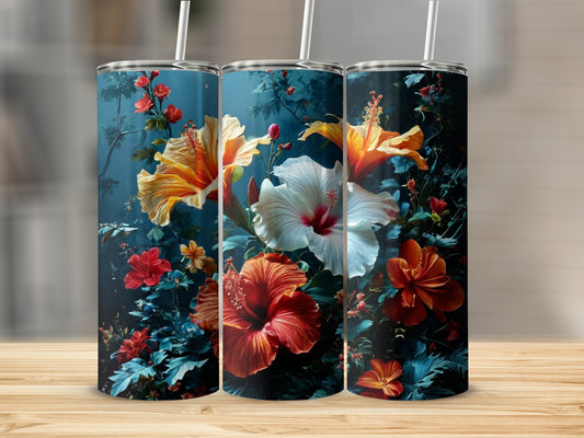 Three tumblers featuring vibrant hibiscus flowers on a dark background.